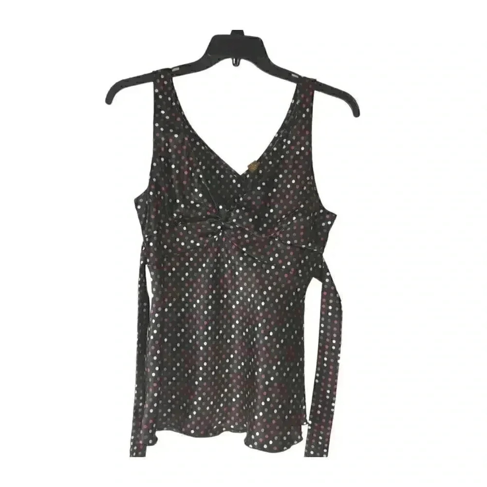 Copper Key Womens Top Multicolor Polka Dot V Neck Sleeveless Blouse Tie Large